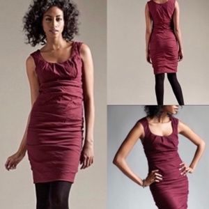 Eileen Fisher Burgundy Side Ruched Sleeveless Midi Dress Cotton Stretch